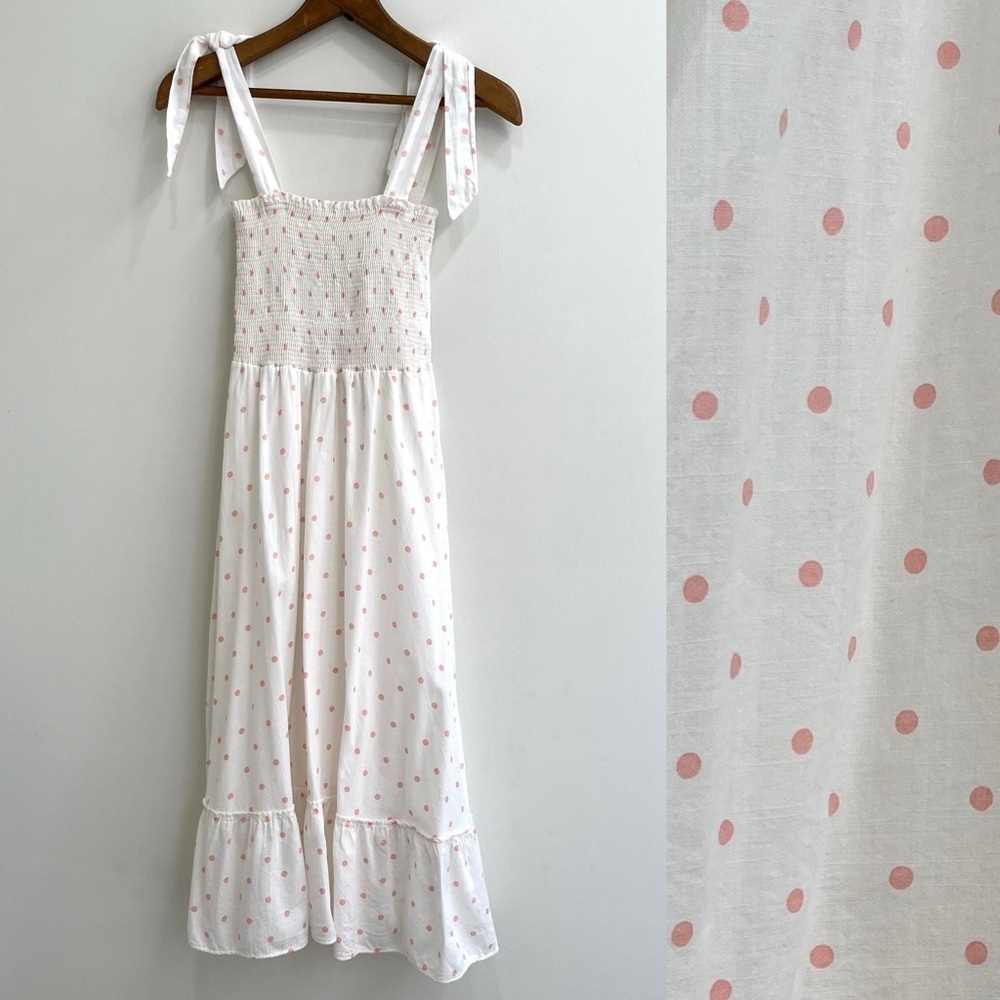Peixoto Smocked Midi Dress Ruffle Hem White Pink Polka Dot 100% Cotton Size XS